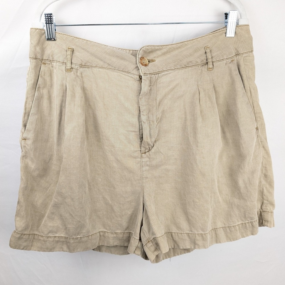 Faherty Linen Tencel Pleated High Rise Shorts Womens Size XL Coastal Button